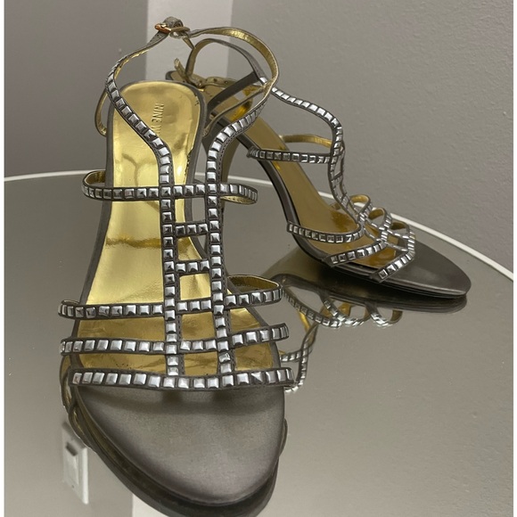 Strappy Grey Satin Cage Heels with Silver Studs - Picture 1 of 3